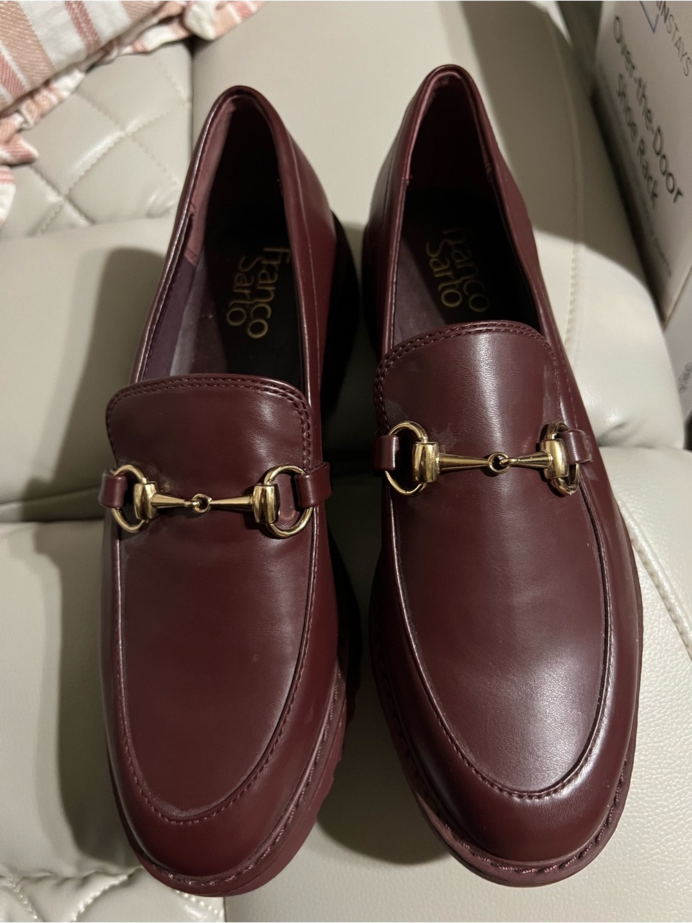 Franco Sarto Burgundy Leather Slip-On Loafers with Gold-Tone Bit